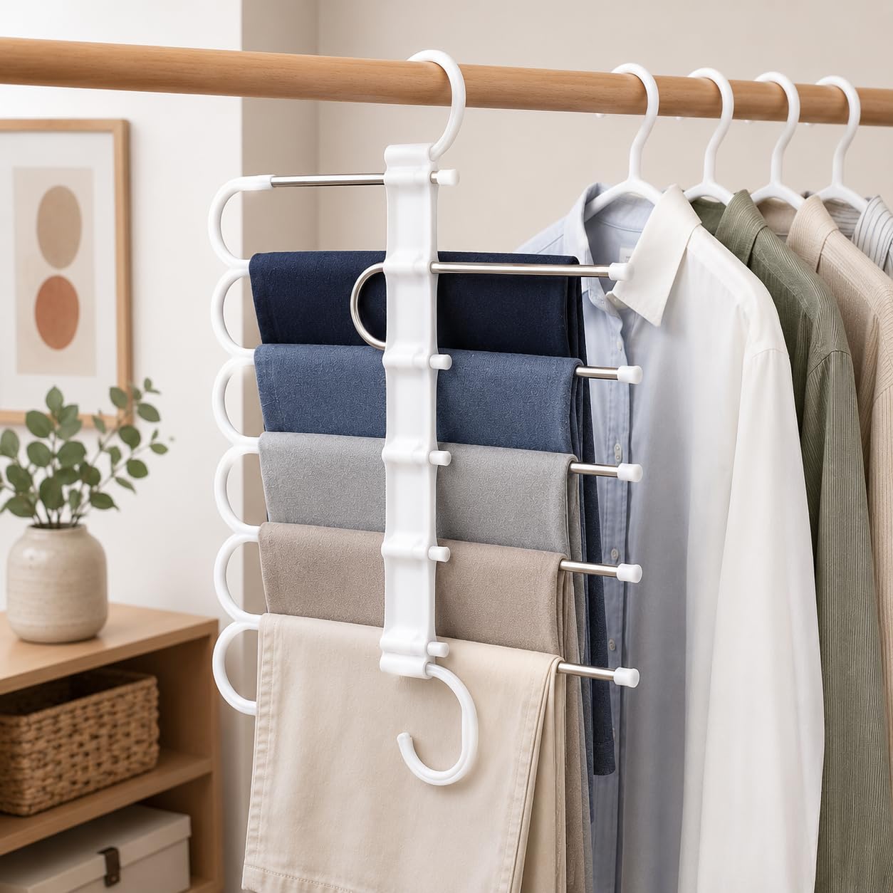 TASMAX 5-in-1 Multipurpose Pant Hangers for Wardrobe | Space-Saving Trouser & Leggings Organizer | Saree Hanger for Closet Storage & Wardrobe Organization (Pack of 1)-image-9