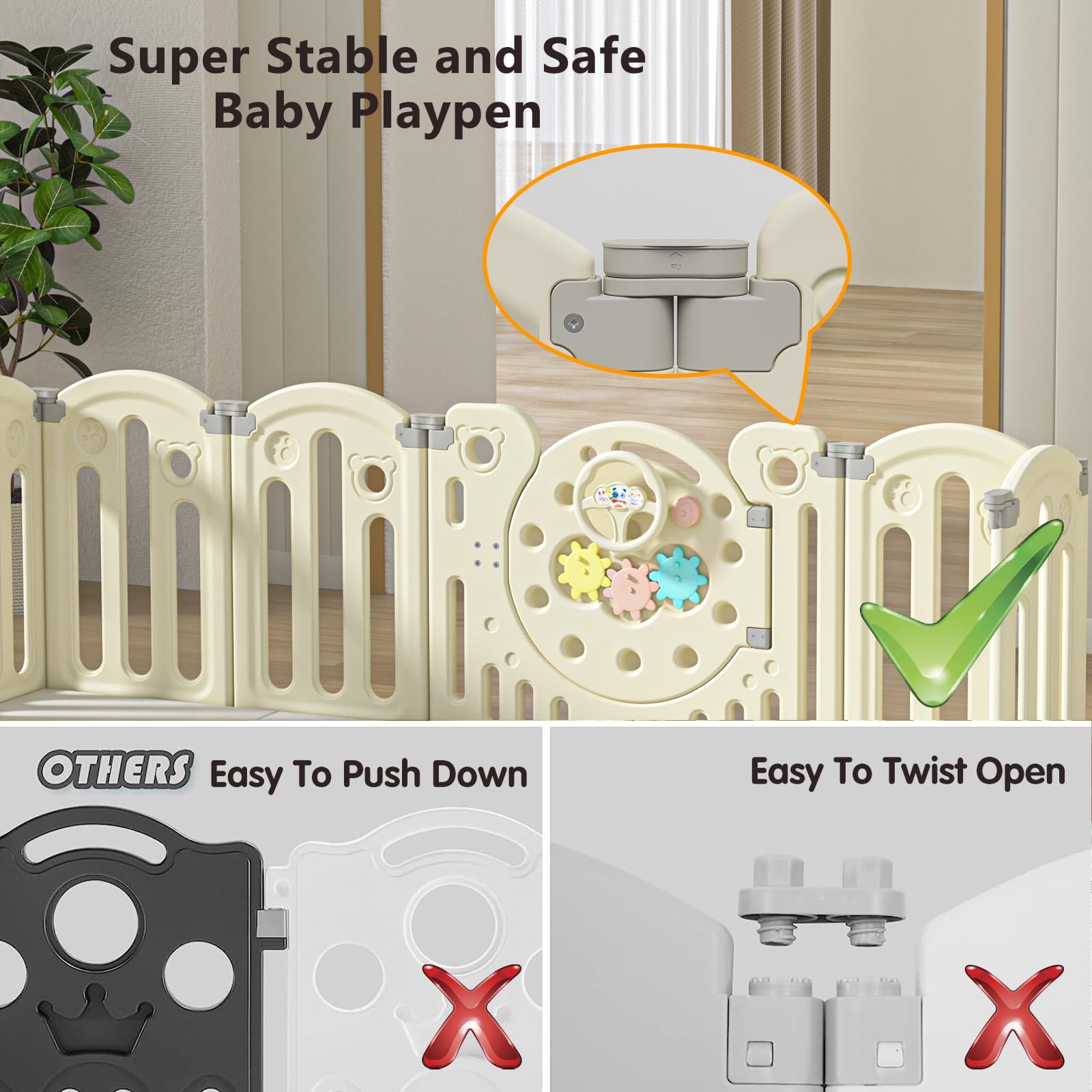 Parc Bebe Pliable, Stable, Antidérapant Avec Fermeture de Sécurité et Caoutchouc Antidérapant Sur Le Fond, Playpen Bebe Modulable Avec Fonction de Jeu, Parc Bebe Avec Tapis en Matériau HDPE