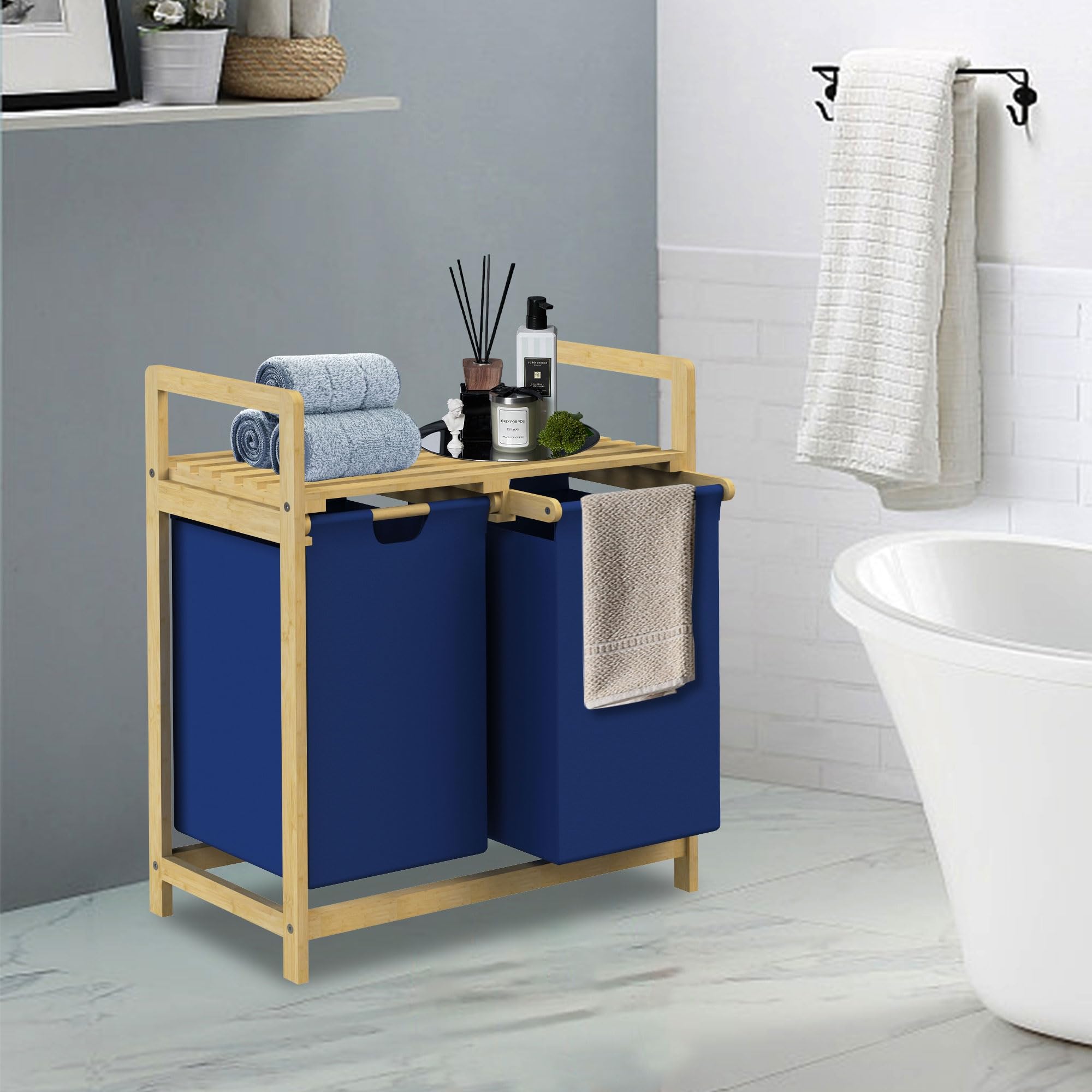 ML-Design Cesto para la Colada, Bambú Azul Oscuro, Caja para la Ropa Sucia con 2 Compartimentos, Recogedor con 2 Bolsas Extensibles 30 L, Cubo con Estante Clasificador para el Cuarto de Baño