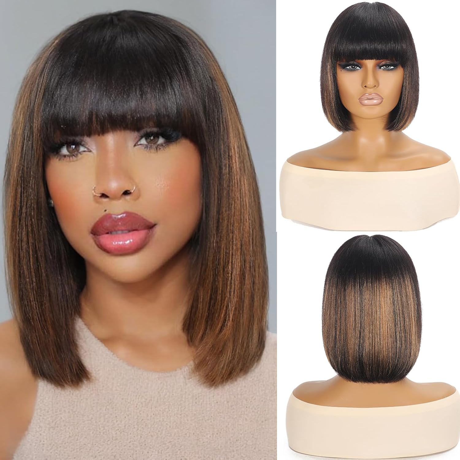 Straight Bob Wig with Bangs Human Hair Glueless 2X4 Lace Bob Wig with Black Highlights, Ready to Go Short Wigs For Women 180 Density (Breathable Cap) (Highlights-12inch, 2x4)