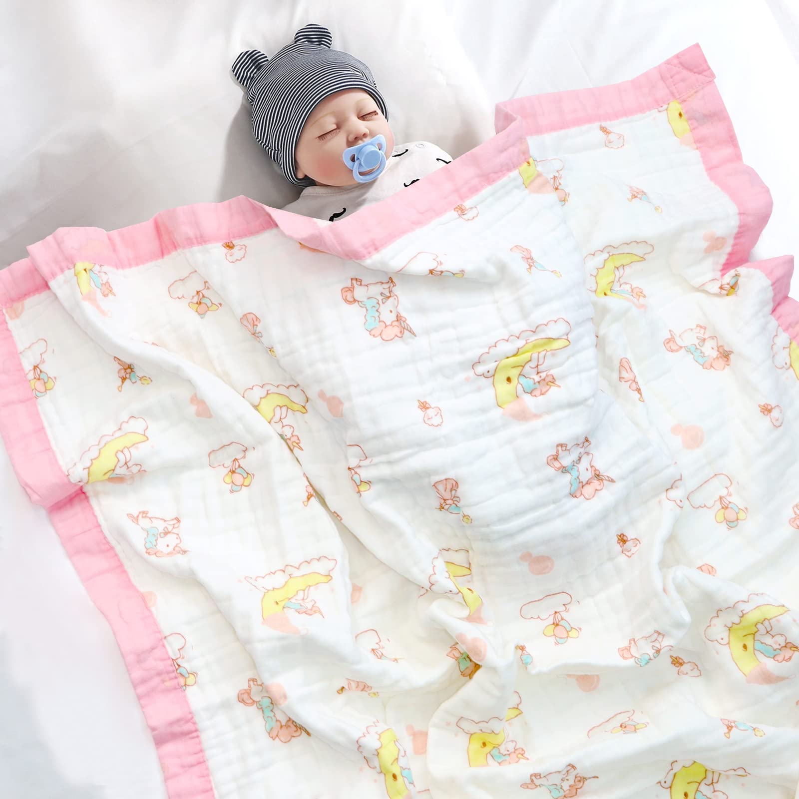 110 * 110CM Mussole Neonato Cotone-6 Strati di Morbida e Confortevole Copertina Neonato Cotone,100% Cotone Coperta Neonato Adatto per Culla, Carrozzina|Unicorno Rosa