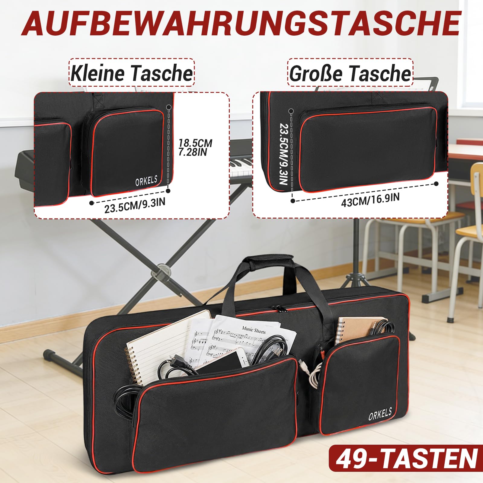Funda para piano electrónico, acolchada, impermeable, 600D, con correas de mochila y compartimento para accesorios (49 teclas, 86 x 35 x 11 cm)