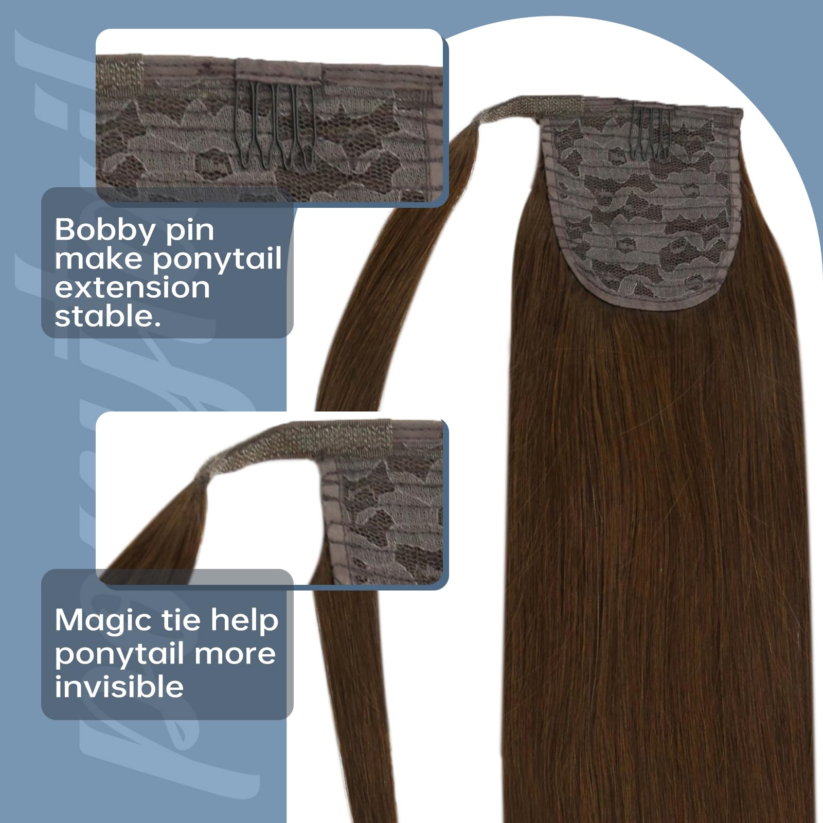 Fshine Extension Capelli Veri Coda Di Cavalli 35CM 70G Coda Pony Capelli Veri Extension Marrone Medio Coda Capelli Umani Veri Coda Capelli Extension Veri #4
