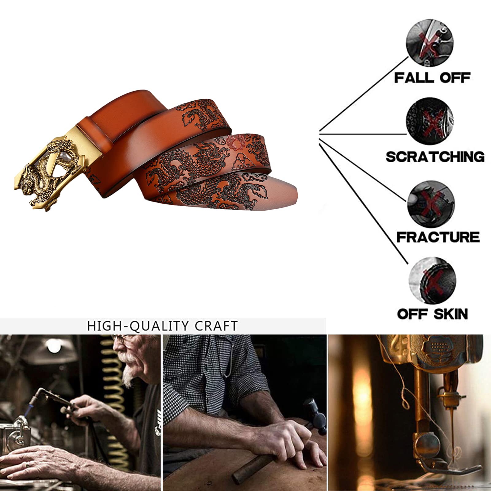 Cinturón De Diseño Con Trinquete Y Grabado Dragón For Hombre - Piel Auténtica, Hebilla Automática Dorada 3D, Deslizante Extraíble, 35 Mm Ancho, For Vestir Informal