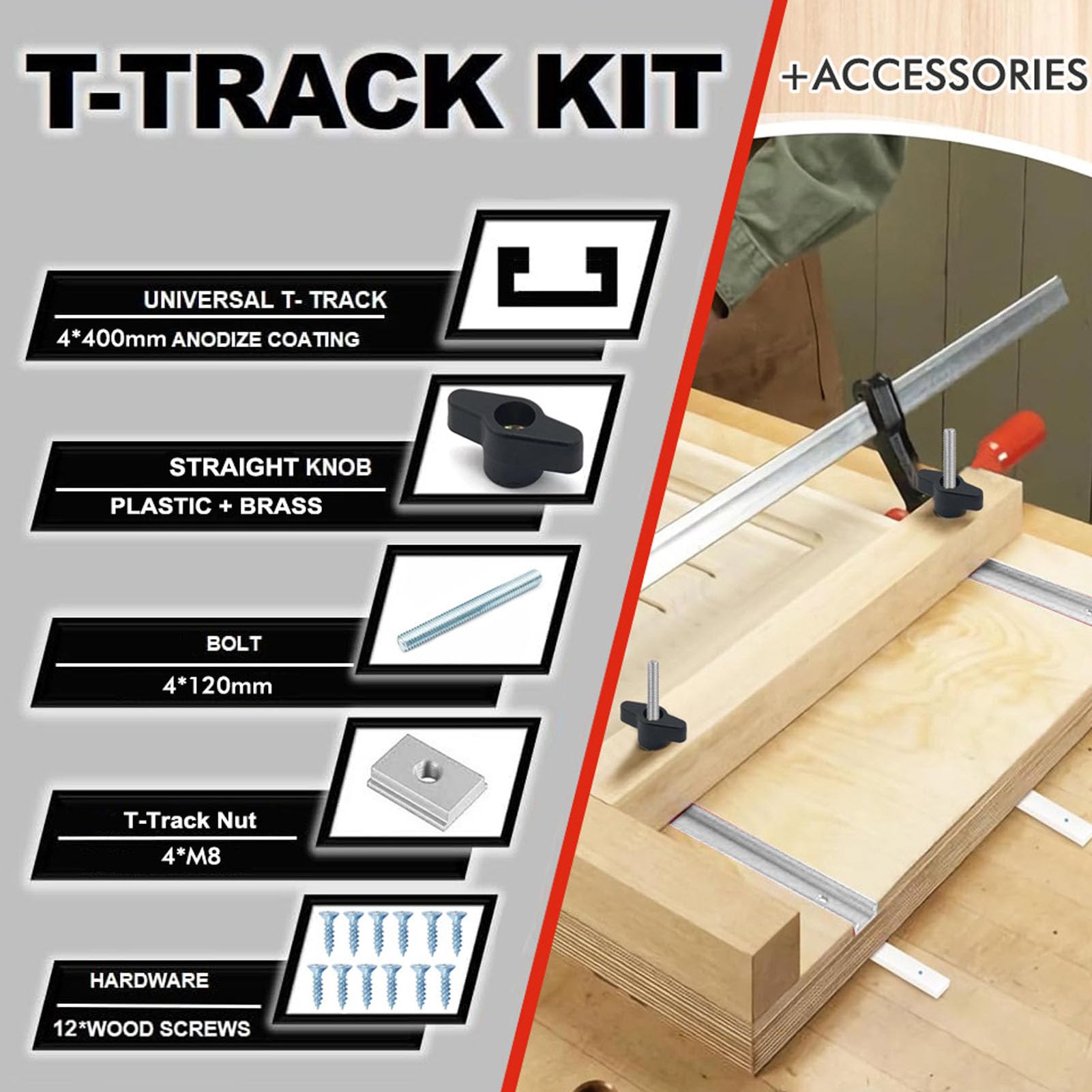 Kit Trineo Sierra Mesa, Carril Guía Ranura Deslizante Carpintería Aleación Aluminio con Barra Inglete, Perilla, Pernos y Tornillos, Plantilla Guía Inglete con Ranura en T