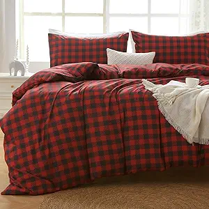 MUXHOMO Duvet Cover Full Size Floral Duvet Cover Set with Zipper Closure, Red Plaid Bedding Set, 3 Pieces, 1 Duvet Cover 80"x90" with 4 Corner Ties and 2 Pillowcases 20"x26"