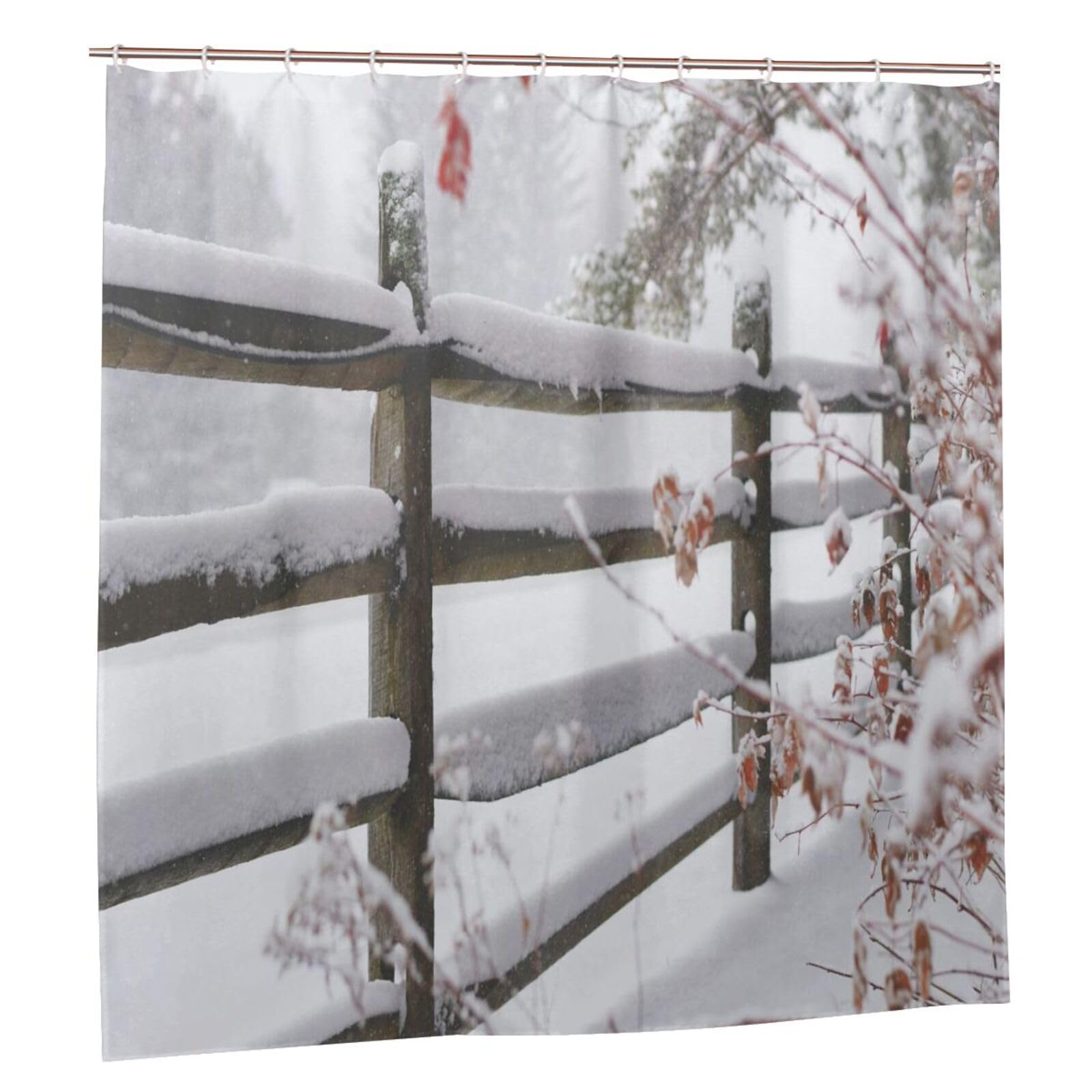 JOOCAR Winter Shower Curtain Snow Farm Fence Shower Curtains Watercolor Winter Natural Bathroom Decor Polyester Fabric Waterproof Shower Curtain Set with 12 Hooks, 150x180cm — image 1