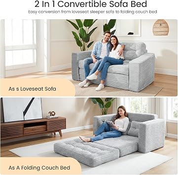 2-in-1 Convertible Sofa Bed, Grey Corded Fabric Loveseat Futon with High-Density Foam, Folding Floor Couch for Small Spaces (Light Gray)