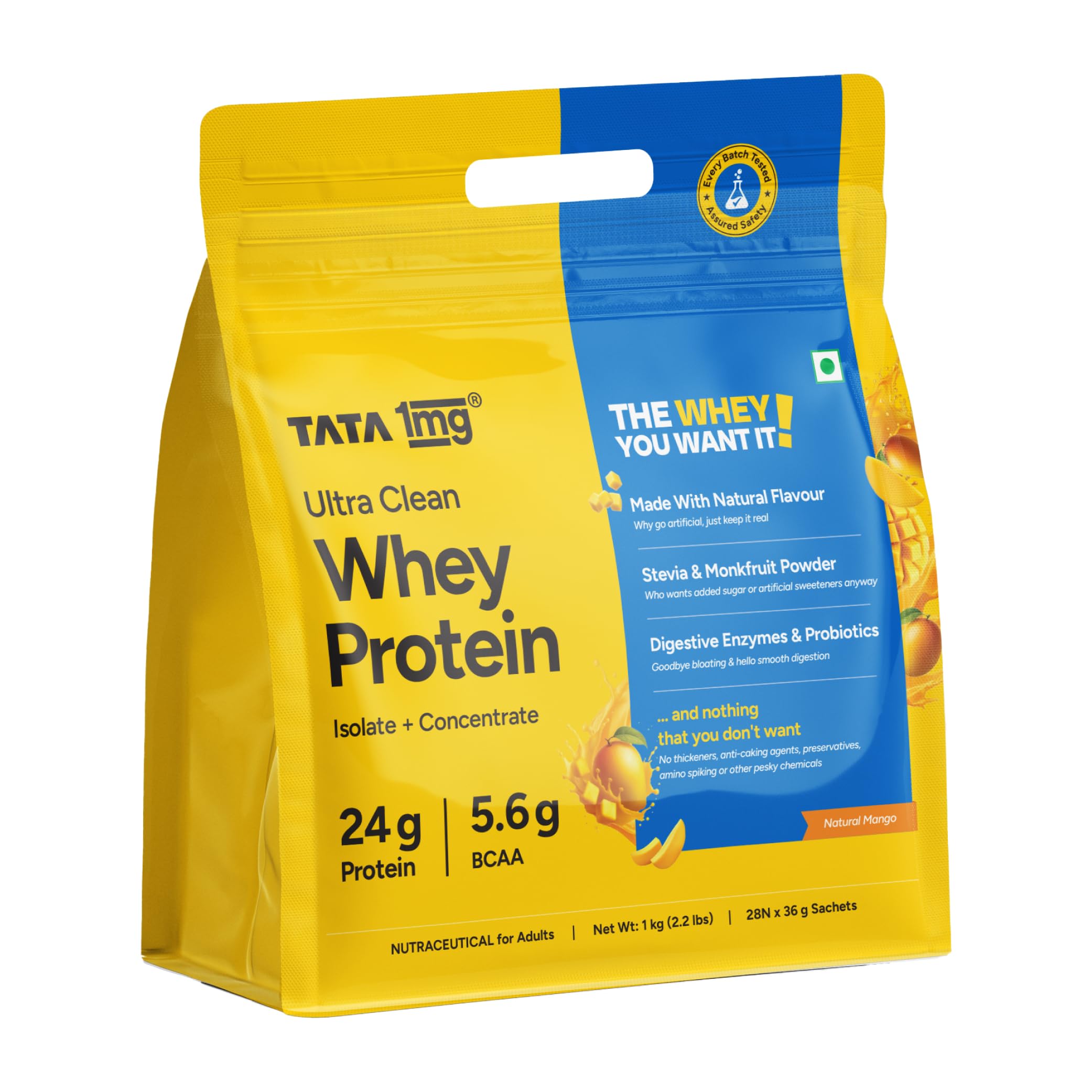 Tata 1mg Ultra Clean Whey Protein Isolate + Concentrate - Natural Mango 1kg | 24g Protein, 5.6g BCAA & 30B CFU Probiotics-28 Sachets