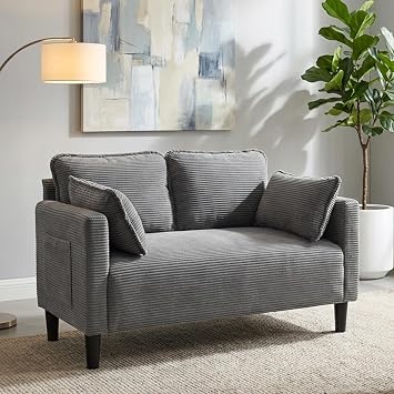 Grey Loveseats for Small Spaces, 48 Inch Corduroy Couch with Side Pocket, Modern 2 Seater Sofa Couch for Small Apartment, Bedroom & Home Office, High Rebound Sponge, Easy Assembly Grey, 48