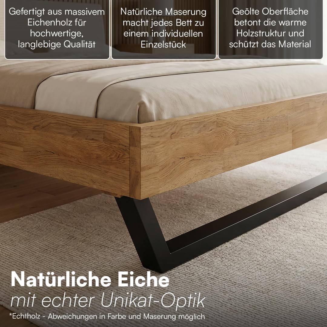 skølm Alver Massivholzbett Eiche 180x200cm, Bettkopf Cord Beige, in Natur