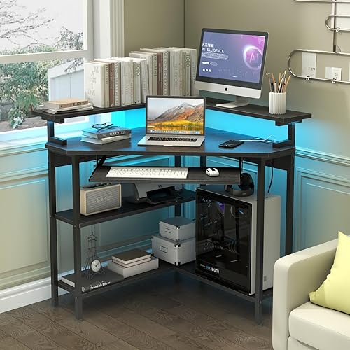 Miniatura 2 de Escritorio esquinero con estación de carga y luz LED, escritorio de esquina triangular con soporte para monitor y bandeja para teclado para espacio