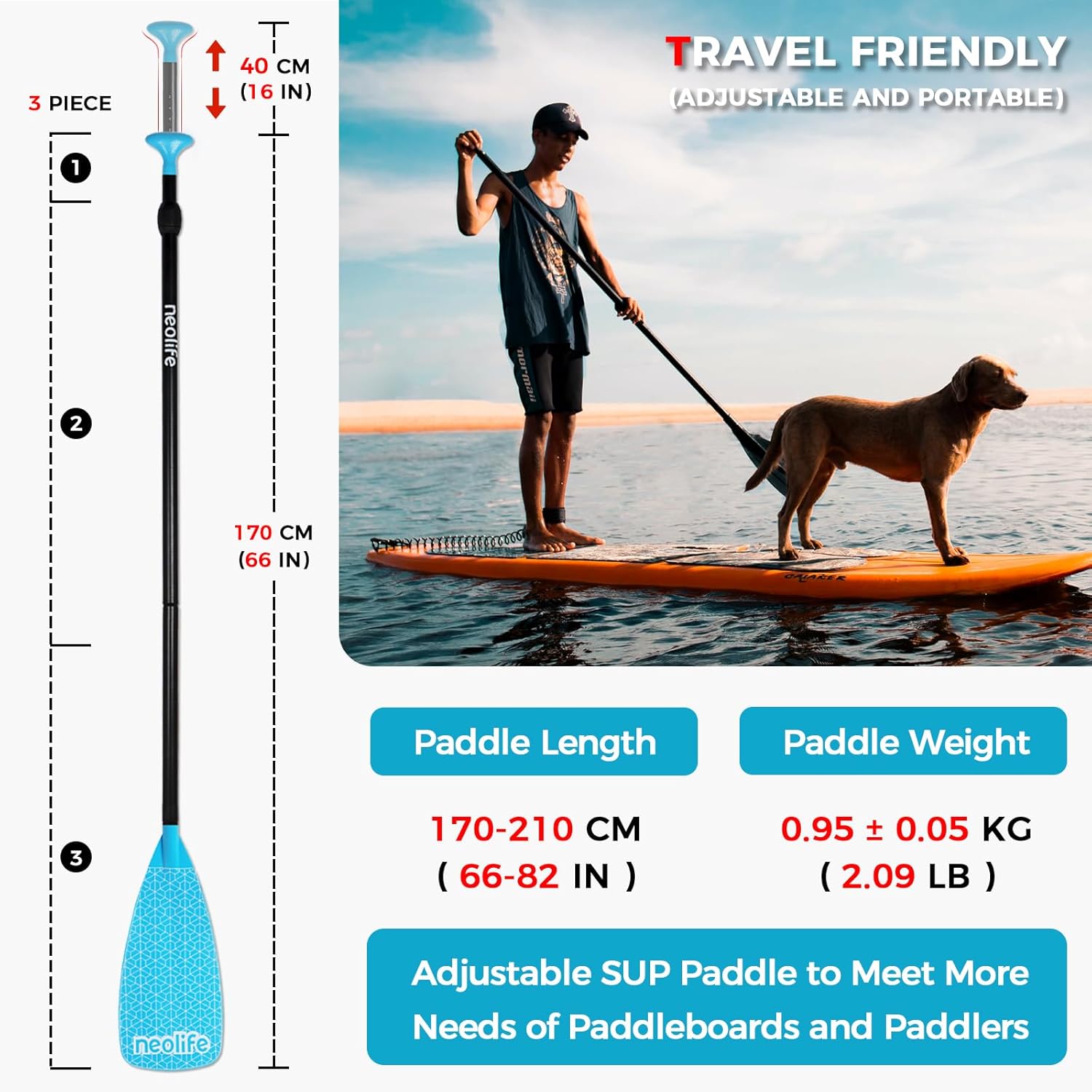SUP Paddleboard Paddle with Aluminium Shaft and Enhanced PP Blade, Adjustable Stand Up Paddle Board Paddle, 66-82" (170-210 cm)