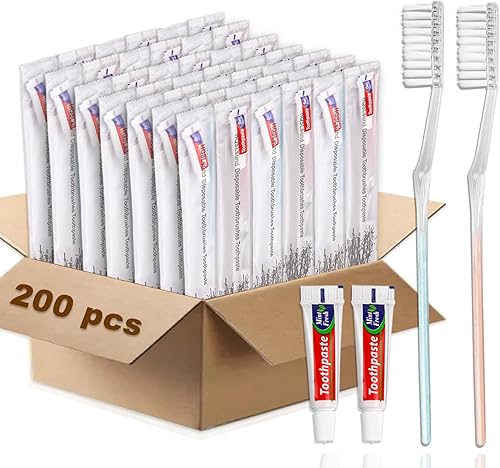 Paquete de 200 cepillos de dientes desechables con pasta de dientes, cepillos de dientes de cerdas suaves envueltos individualmente, kit de viaje