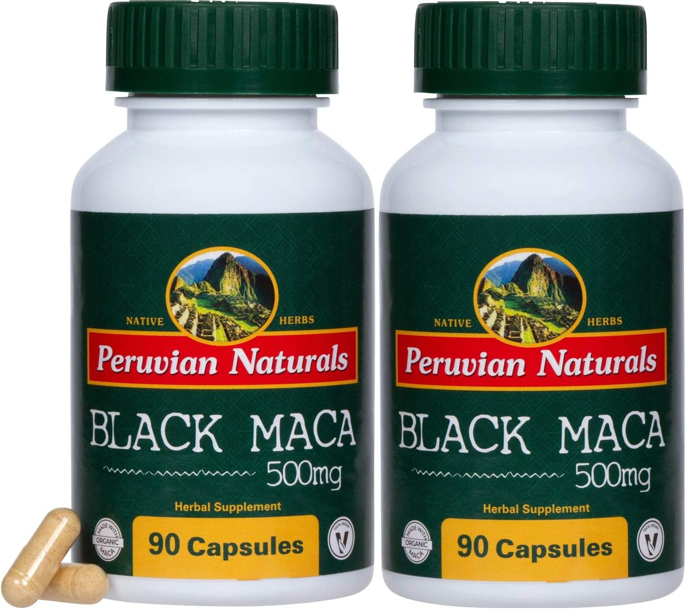 Organic Black Maca 500mg - 180 Capsules - Peruvian Naturals | Certified-Organic Black Maca Root Powder from Peru for Vitality and Stamina