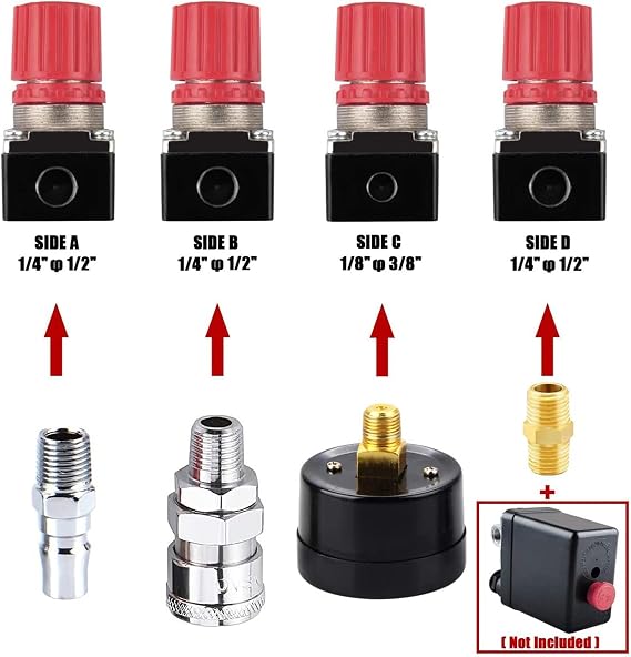 Preciva Air Compressor Pressure Regulator with Dial Gauge, 0-175 PSI Air Gauge for Air Compressor and Air Tools (Four Way Valve)