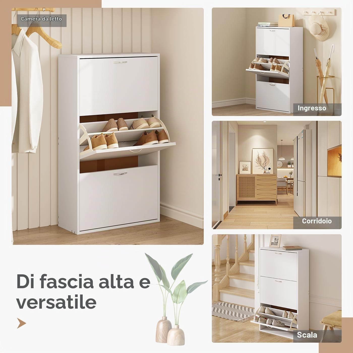 WOLTU Scarpiera Salvaspazio Slim e Alta, Porta Scarpe con 3 Ante a Ribalta, Organizer per Scarpe con Divisori Staccabili, Scarpiera Bianca in Legno per Ingresso, Corridoio