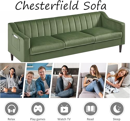 Miniatura 6 de Sofá Chesterfield de terciopelo de 3 plazas, 77 pulgadas, cómodo sofá tapizado de mediados de siglo con bolsillo lateral de almacenamiento para sala