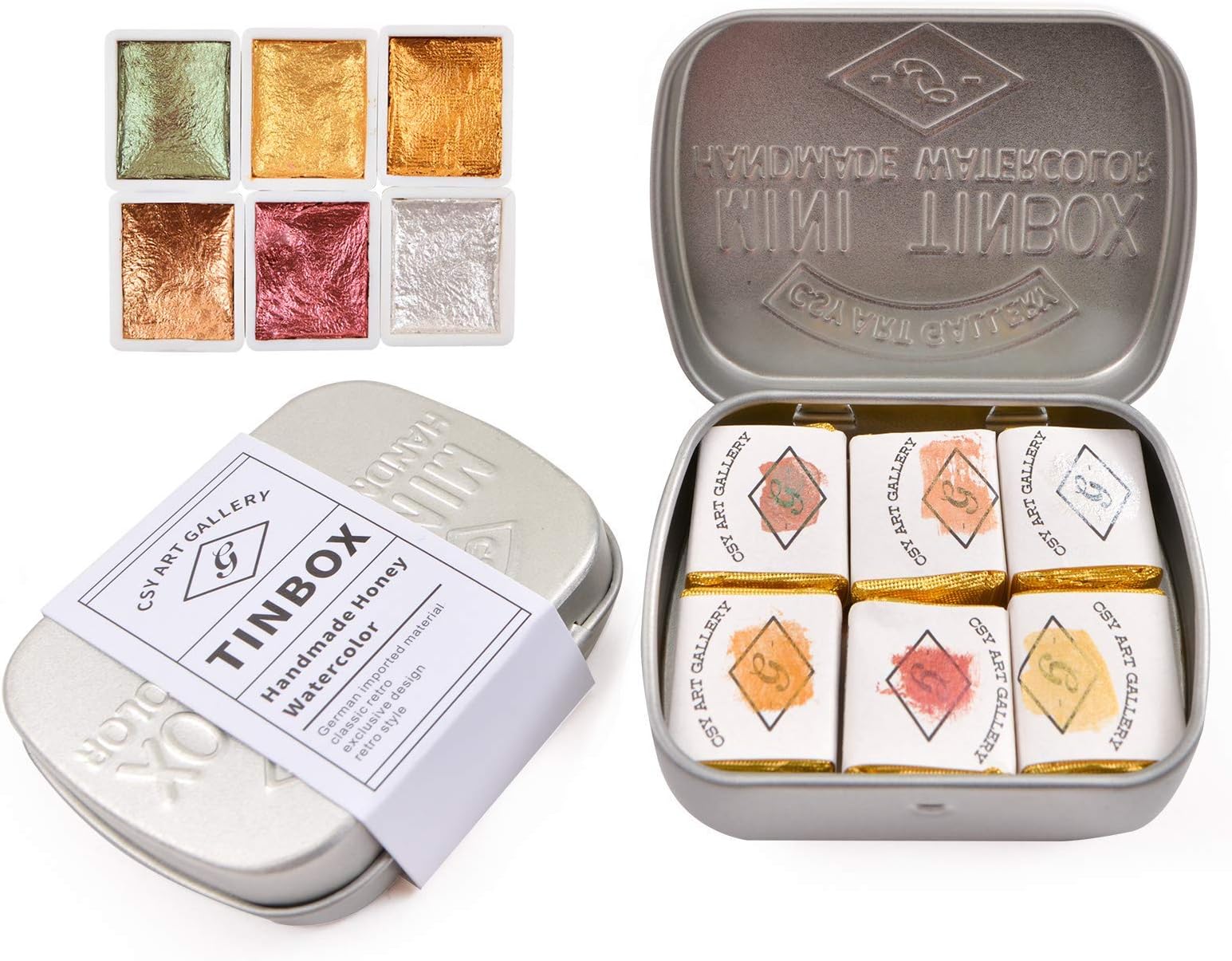 Csy Art Supplies Handmade Watercolours Paint Set - 6 Metallic Colors Half Pans Glitter Solid Water Colour- Metal Case Sparkle Pearlescent Watercolor For Artists, Students & Hobbyists