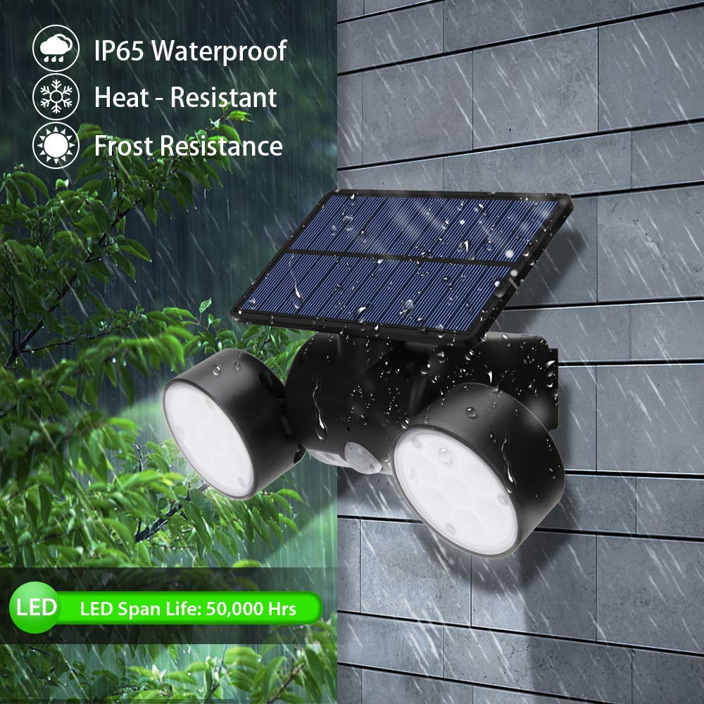 Wedd Luci solari da esterno, luci di sicurezza solari a led, con sensore di movimento a doppia testa Faretti Applique a 360 ° con movimento solare orientabile