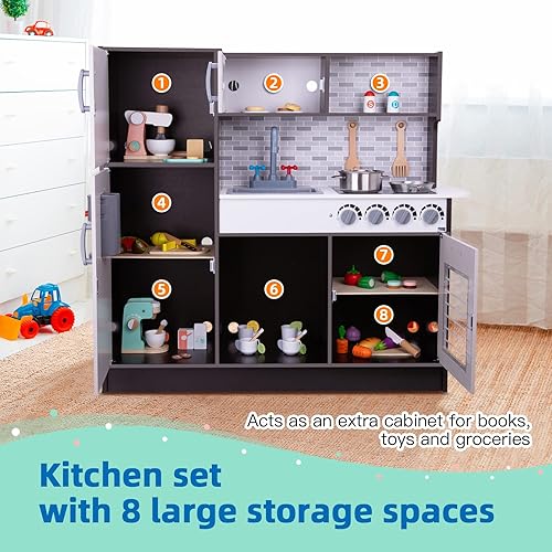 Miniatura 6 de TOOKYLAND Juego de cocina de madera - Juego de cocina de simulación con horno de juguete, estufa, fregadero, microondas, accesorios para niños de 3