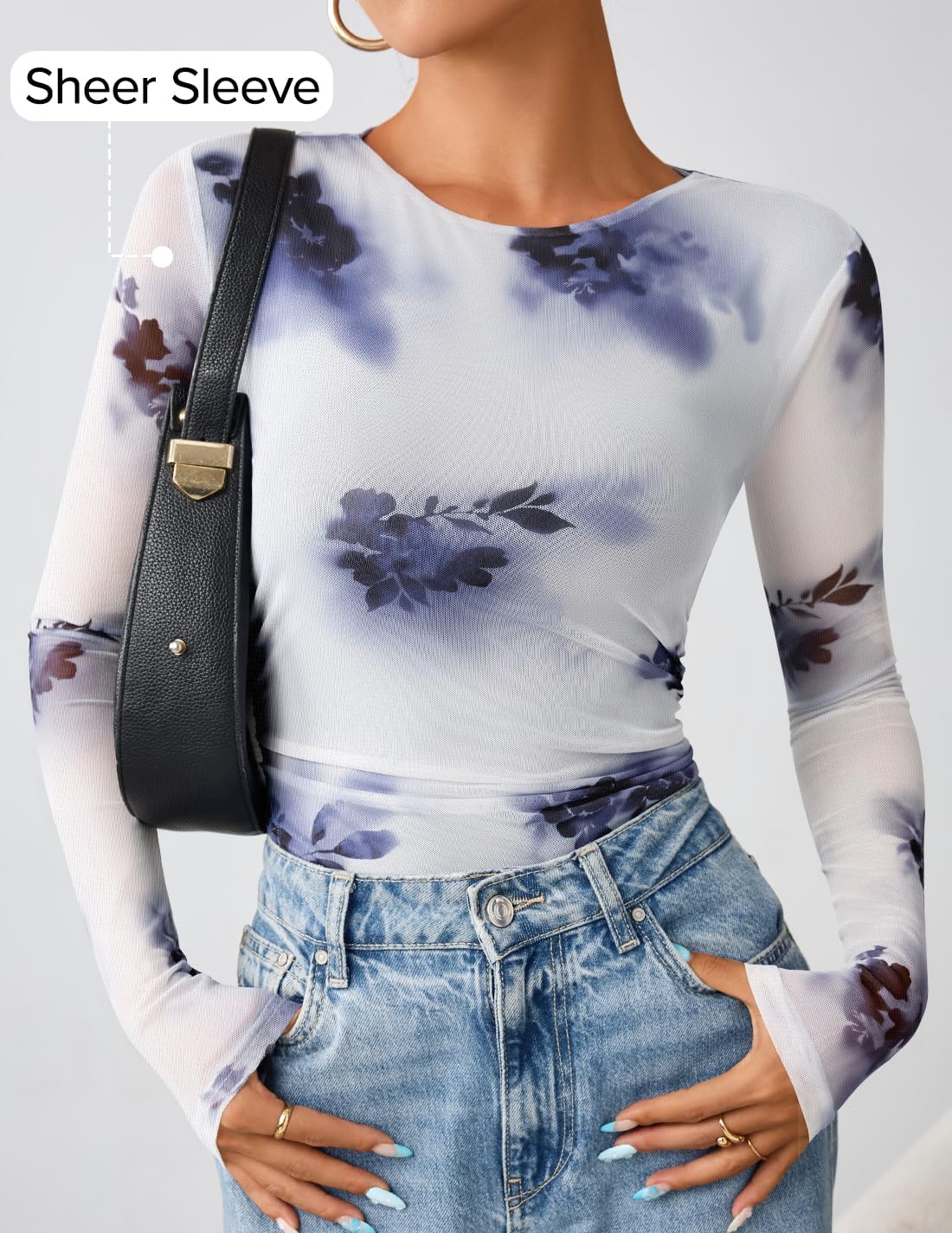 ZESICA Womens 2026 Spring Floral Mesh Going Out Tops Long Sleeve Crewneck Slim Fit Ruched Y2k Shirt Beach Vacation Outfit - Image 2