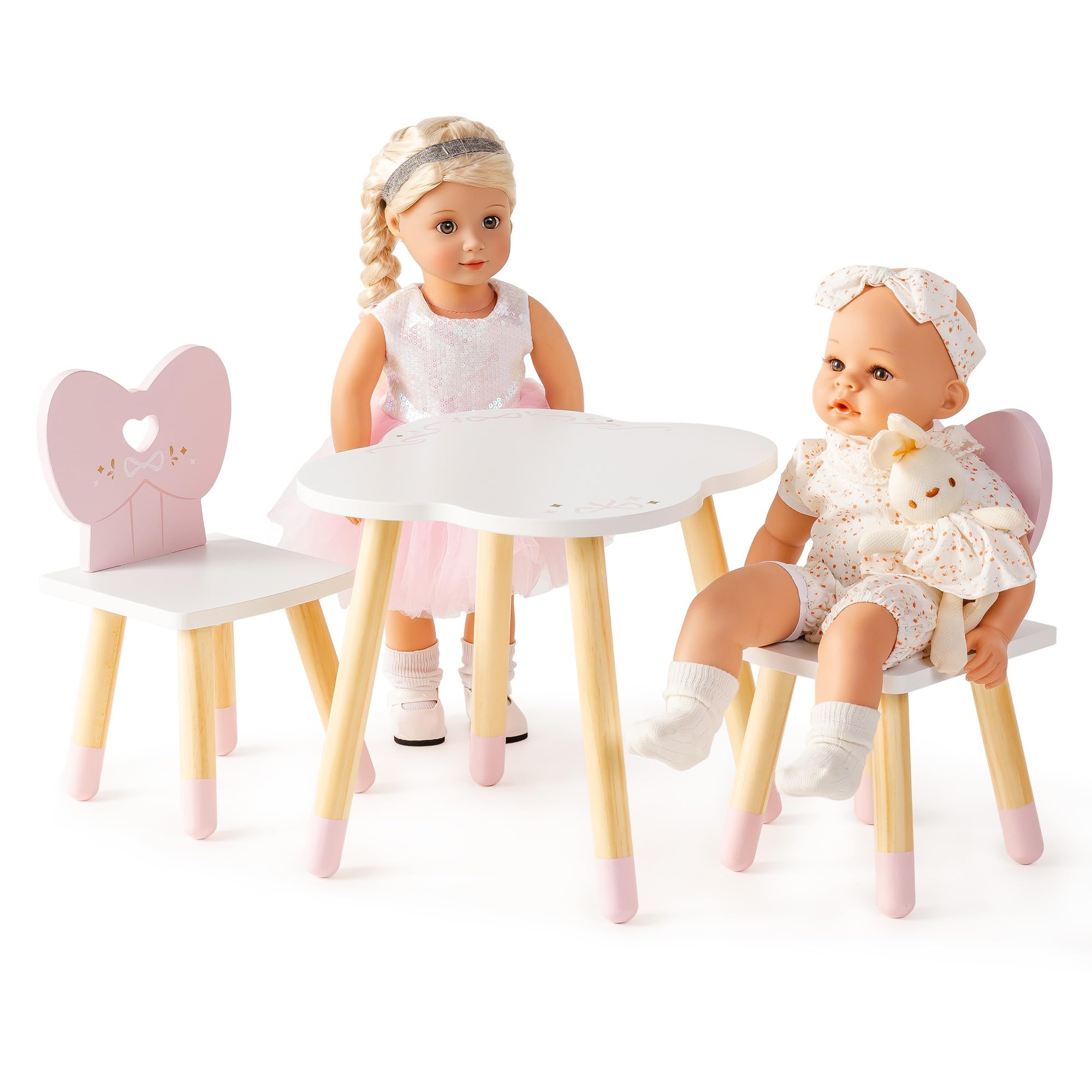 ROBUD Juego de mesa y silla para muñecas de 3 piezas de madera con respaldo de lazo en forma de corazón y mesa de nube, ideal para jugar y muñecas de menos de 45 cm, regalo para niñas a partir de 3