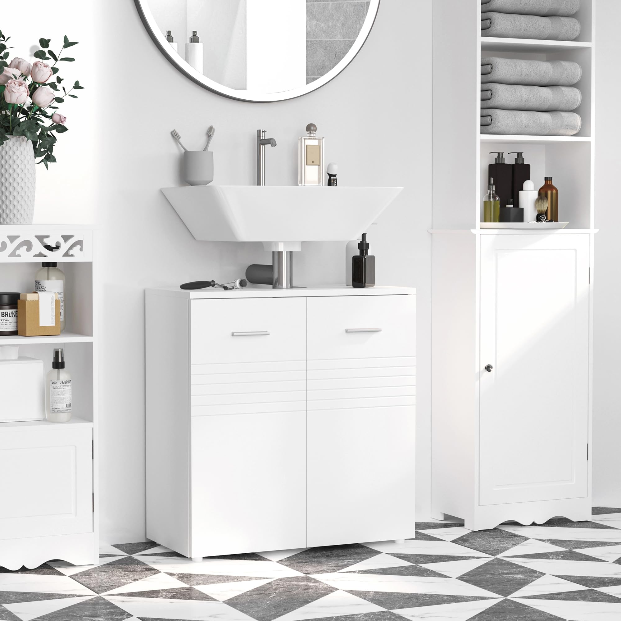 kleankin Mobile Sottolavabo per Bagno 2 Ante in Legno Bianco Lucido