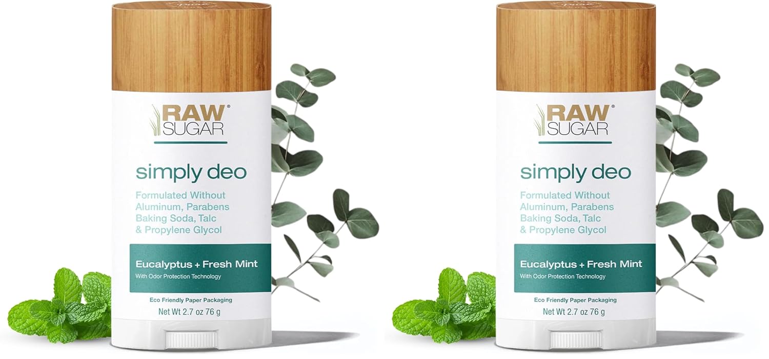 RAW SUGAR Deodorant Stick, Simply Deo (Pack of 2) Whole Body Deodorant for Women & Men, Clean Formulated without Aluminum, Baking Soda, Talc & Parabens, Eucalyptus + Fresh Mint Scent