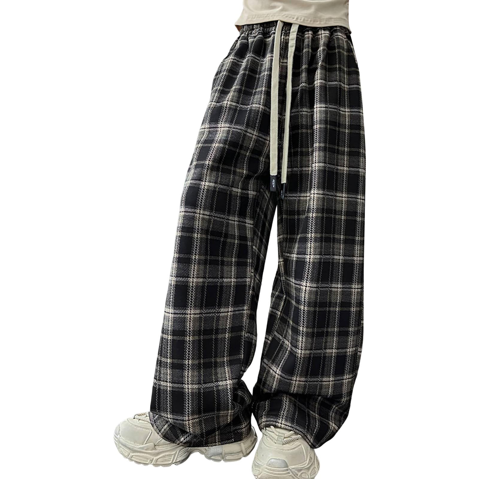 Pantaloni foderati in pile per ragazze, a quadri, larghi, comodi, morbidi, caldi, invernali, casual, eleganti, per la scuola