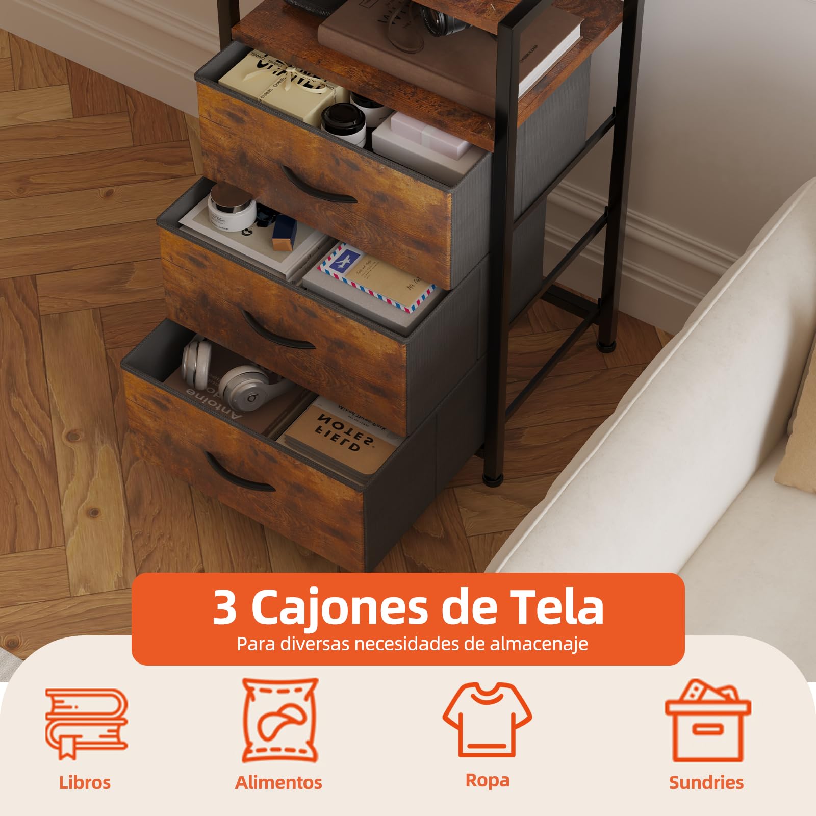 Caiyun Mesita de noche con LED y función de carga, mesa auxiliar con 4 niveles de almacenamiento, mesa de sofá con 3 cajones de tela, mesitas de noche con estante para libros, mesa auxiliar