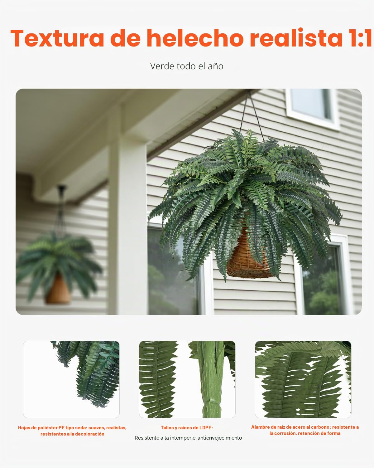 VEVOR Helechos Artificiales de Plástico, Diámetro Natural de 100-119 cm, Decoración de Pared con 88 Ramas, para Casa, Oficina y Exterior, Maceta no Incluida, 720 x 250 x 250 mm, Verde, 1 Pieza