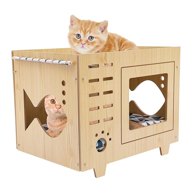 Foto 3 de 8 de TFGXUE Casa de gato de madera de dos pisos con acolchado suave para los hábitos de los gatos