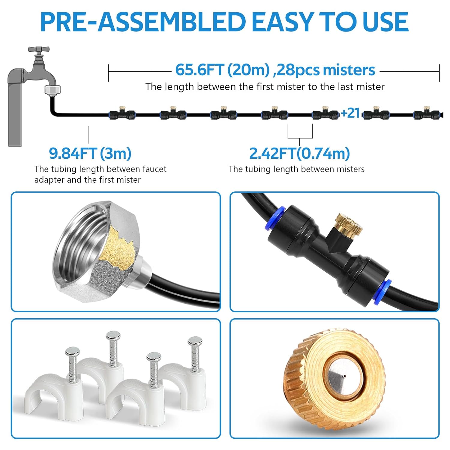 homenote Misting Cooling System 75FT (23M) Misting Line + 28 Brass Mist Nozzles + Brass Adapter(3/4") Outdoor Mister for Patio Backyard Garden Greenhouse Watering
