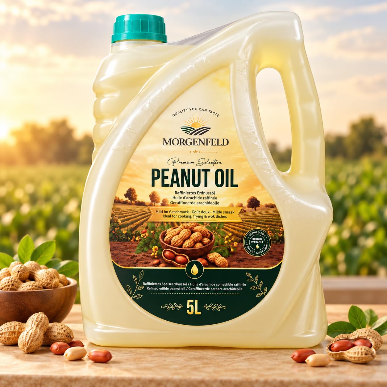 Aceite de cacahuete Morgenfeld 4 x 5 l – Aceite de cacahuete para freír, freír, wok y cocinar, aceite vegetal para cocina asiática, sartén, parrilla, adobos, verduras