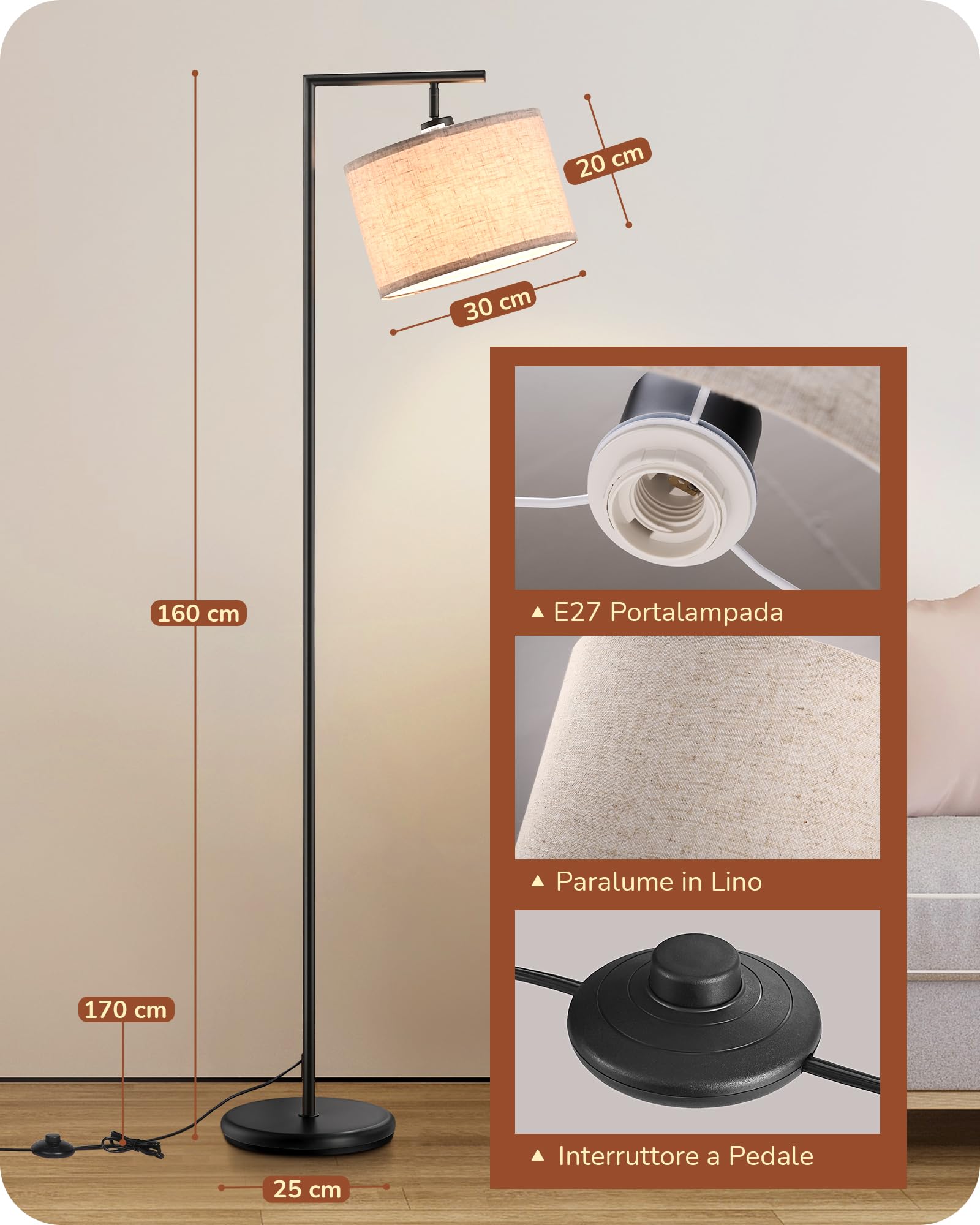 EDISHINE Lampada da Terra per Soggiorno con Paralume in Lino Beige con Angolo Regolabile, Attacco E27, Lampadine Non Incluse, Lampada da Terra in Metallo con Interruttore a Pedale