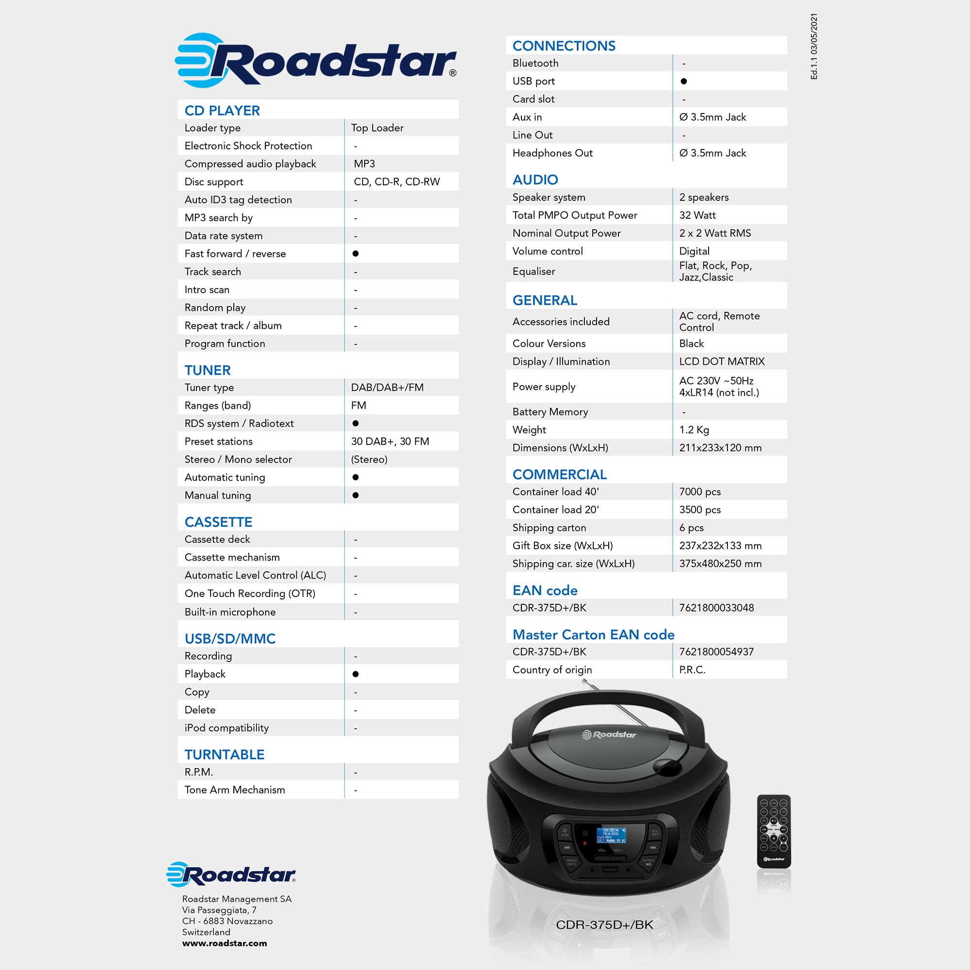 Roadstar CDR-375D+/BK Radio CD Player Portable Dab/Dab+ / FM, Lecteur CD-MP3, CD-R, CD-RW, USB, Stereo, Télécommande, AUX-in, Sortie Casque, Noir