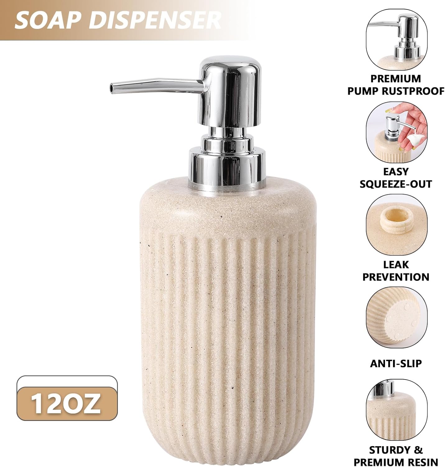 Resin Beige Bathroom Accessories Set 5 Pcs, Lotion Soap Dispenser, Toothbrush Holder, Bathroom Tumbler, Qtip Holder and Vanity Tray, Bathroom Countertop Organizer Set for Modern Home Apartment - Image 3