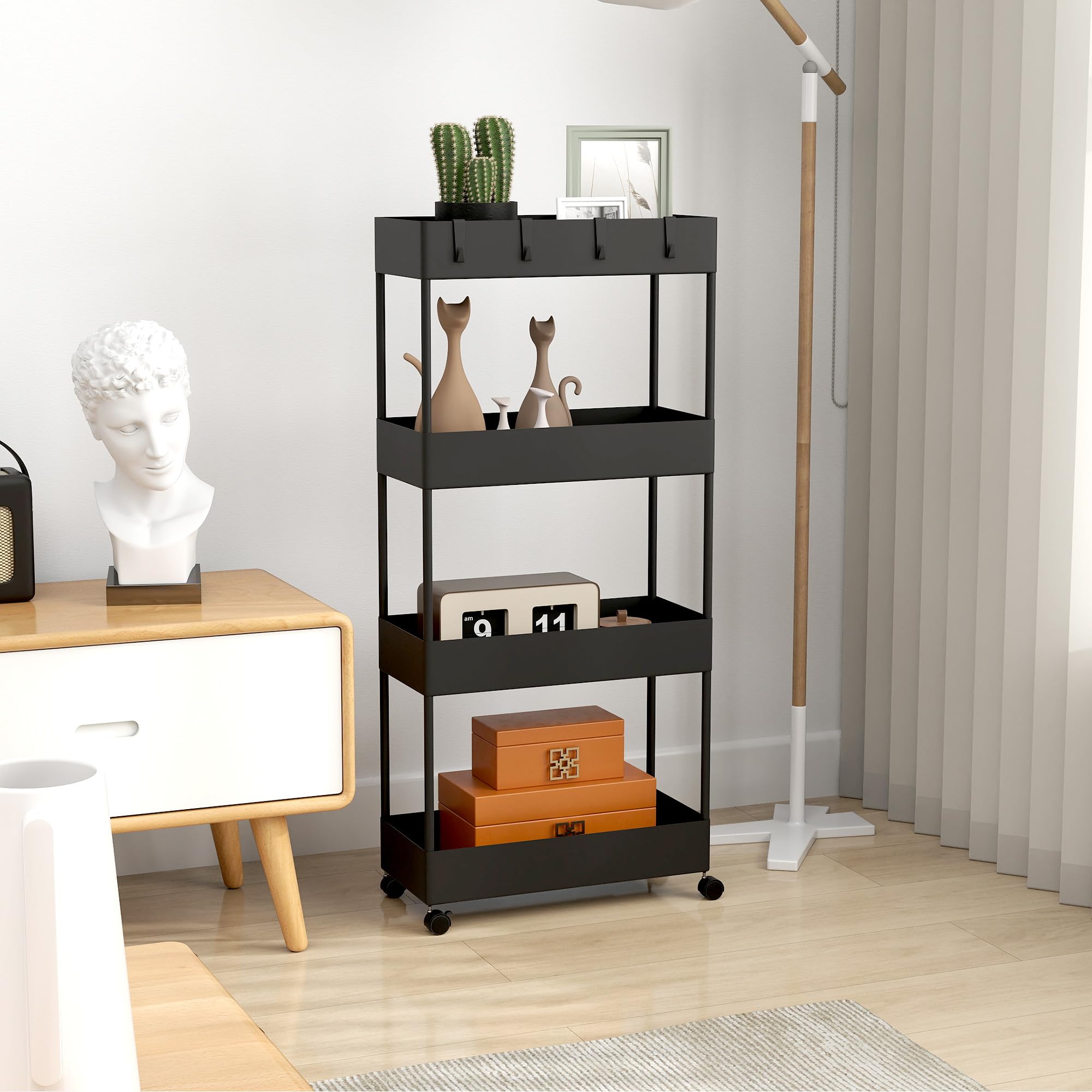 HOMCOM Carro de Cocina de Almacenamiento Delgado de 4 Niveles Carrito Auxiliar con Ruedas 4 Cestas y 4 Ganchos Extraíbles Carrito de Cocina para Comedor Baño Salón 40x19x90 cm Negro