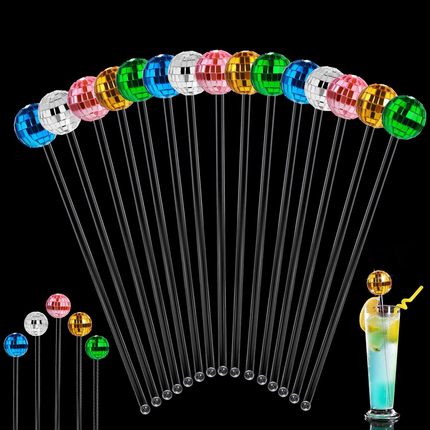 15 Pcs Disco Balls Cocktail Swizzle Sticks 70s Disco Party