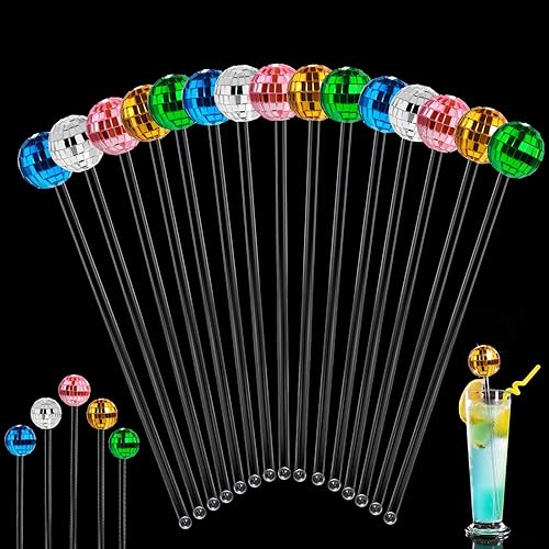 15 unidades de bolas de discoteca, palitos de cóctel de los años 70 con espejo de fiesta de discoteca, pajitas de bola redonda, palitos para