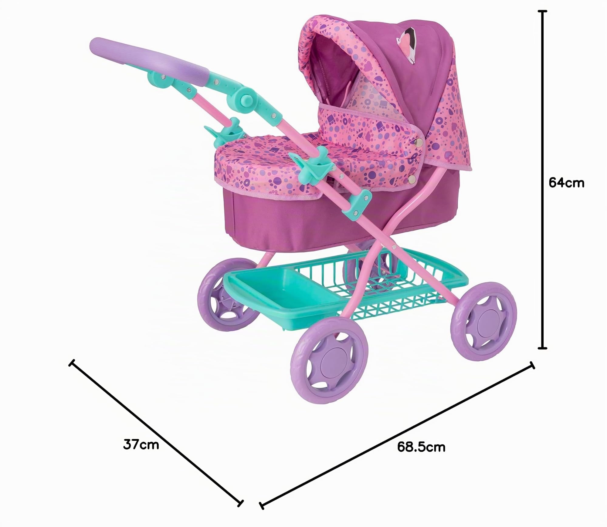 Gabby's Dollhouse Junior Puppenwagen Lila & Grün | Puppen-Buggy mit Verstellbarer Griffhöhe | Faltbarer Puppenwagen mit Stauraum, Abnehmbarer Abdeckung & verstellbarem Verdeck | Spielzeug ab 3 Jahren