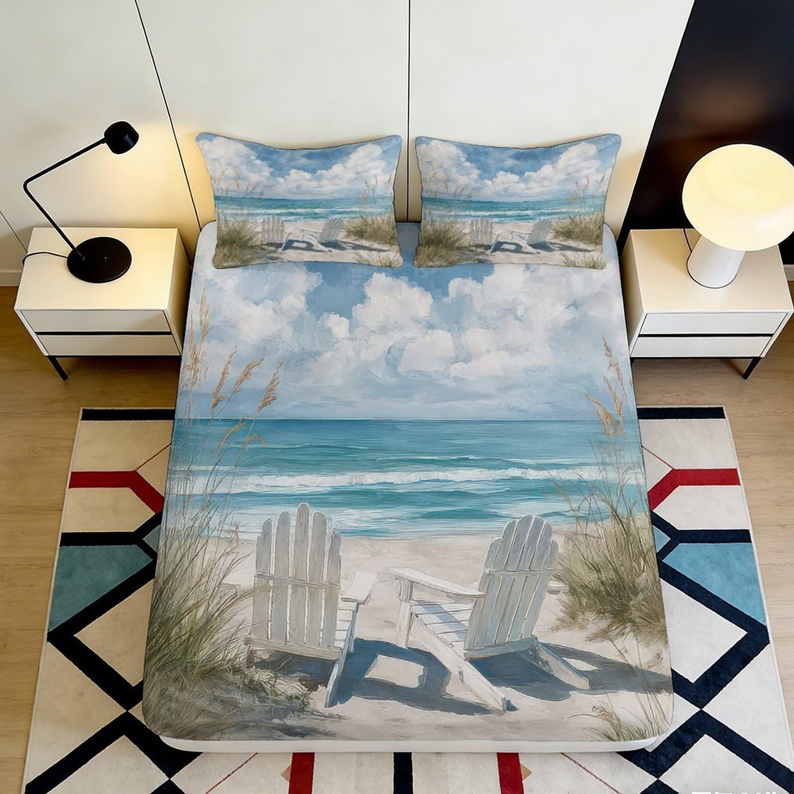 3D Printed Beach Seaside Fitted Sheet Microfiber Soft Breathable Coastal Ocean Mattress Cover for Bedroom Home Decor 90x200x25cm