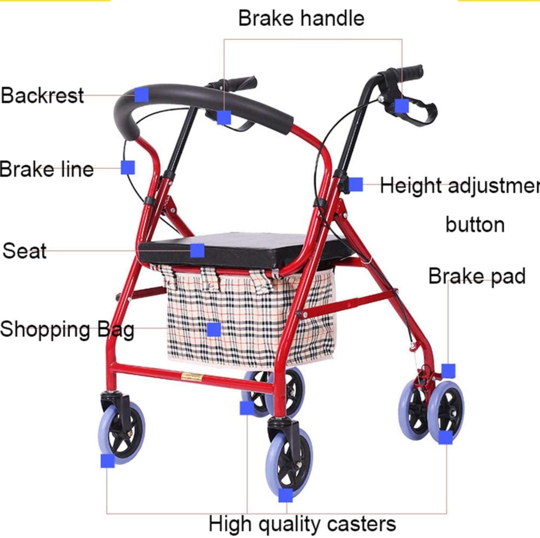 Sedile Imbottito Freni bloccabili Maniglie ergonomiche e Borsa per Il Trasporto Ausili per la Mobilità Altezza Regolabile per Anziani Leggero (Blu)
