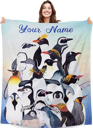 Manta de pingüino personalizada con nombre, 40 x 30 pulgadas, divertida manta para niños, niñas y niños, manta suave y mullida azul para regazo y