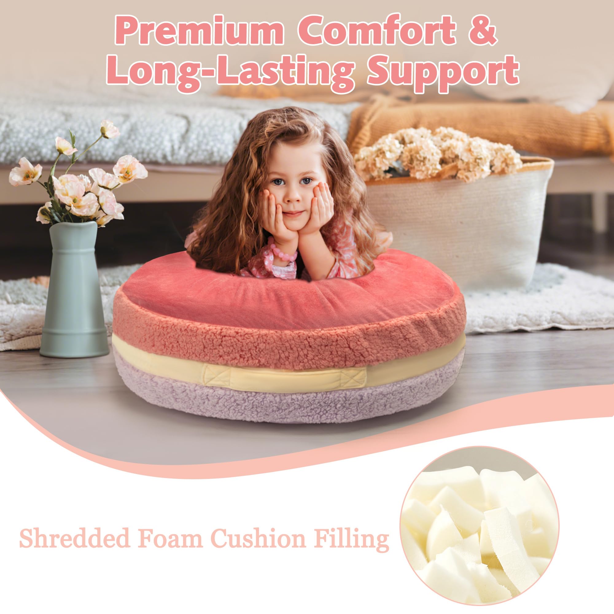 Coussin de pouf en forme de macaron avec rembourrage inclus, repose-pieds pour enfants, adolescents et adultes, pouf ottoman en peluche Sherpa