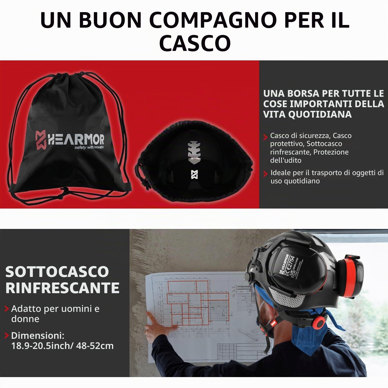 HEARMOR Casco protettivo 3 in 1 con protezione dell'udito e visiera, casco da lavoro certificato EN 397 per lavori di foresta, costruzione e arrampicata, con tasca portatile e inserto rinfrescante per