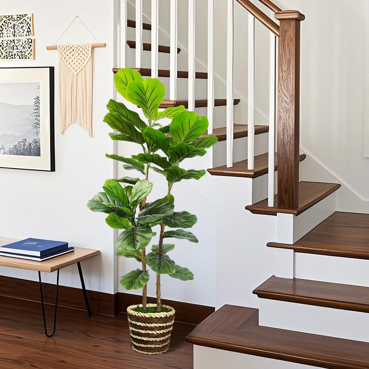 Artificial Fiddle Leaf Fig Tree with Woven Basket,4ft Tall Fake Tree with Natural Wood Trunk for Home Decor, Faux Ficus Tree Fake Moss for Indoor Office Living Room