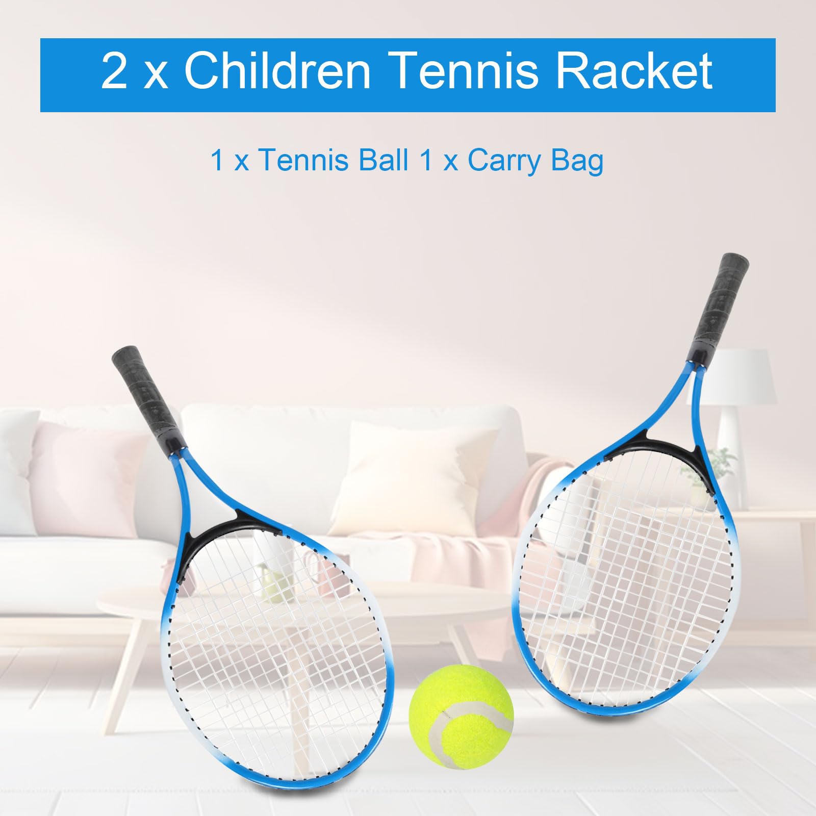 Raquette de Tennis Enfants Alliage de Fer Kit Démarrage Débutant avec Balle et Sac de Transport Bleu