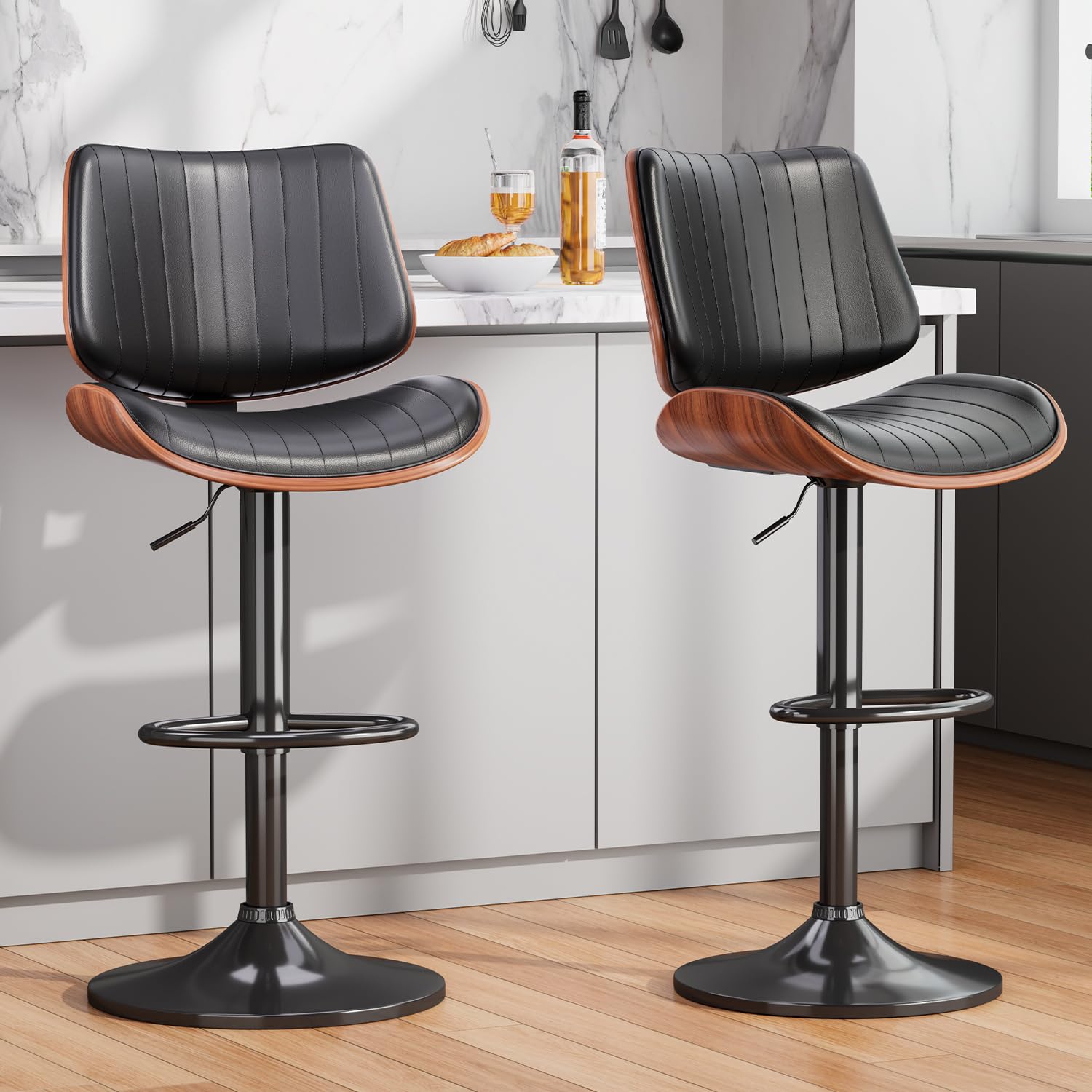 Swivel Bar Stools Set of 2, Adjustable Bentwood (REONEY)